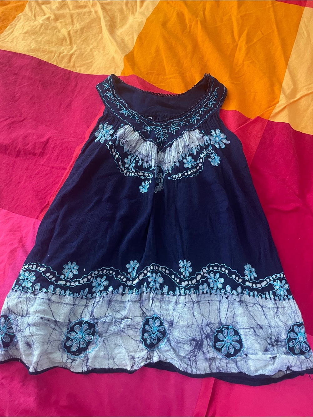 Navy Blue Sleeveless Embroidered Floral Dress